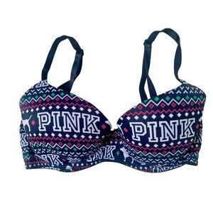 Victorias Secret PINK Wear Everywhere Lightly Lined Pink Logo Pattern Bra Sz-32C
